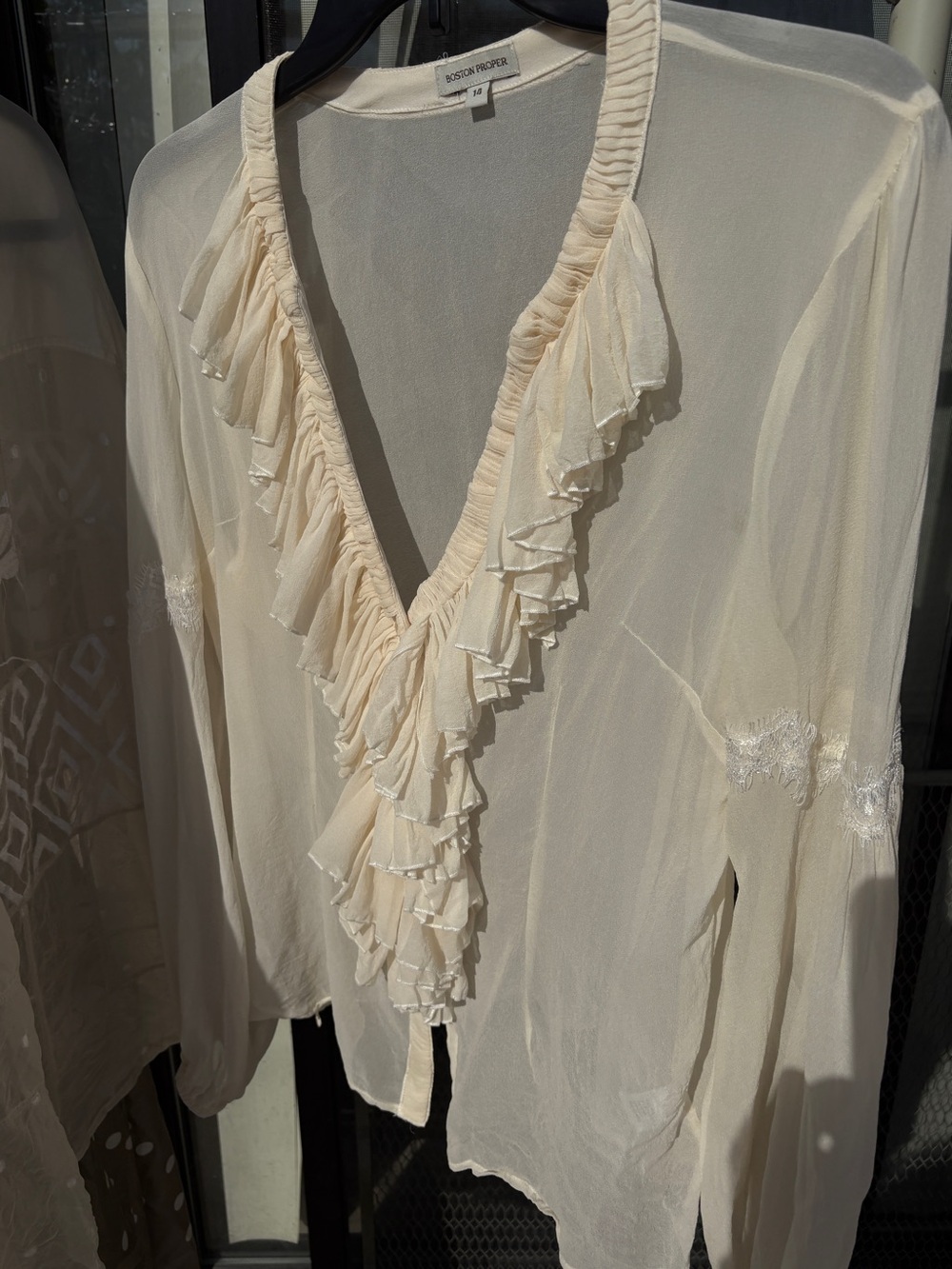Boston Proper Cream silky Ruffle-Trim V-Neck Blouse